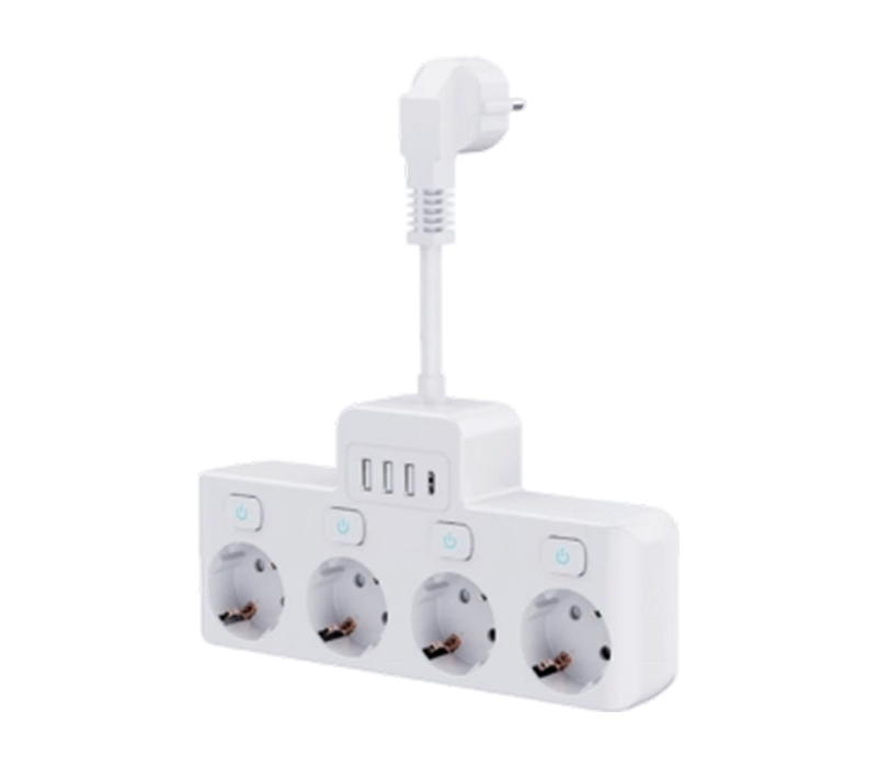 E14-4 Проводной удлинитель с 4 розетками европейского типа, 3 портами USB-A и 1 портом USB-C, с независимым переключателем