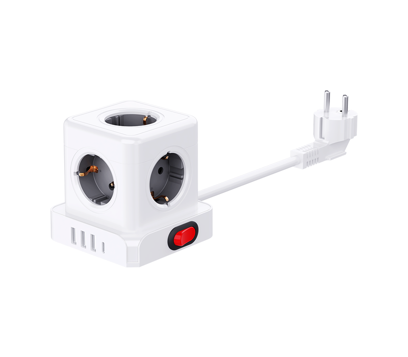 Проводной удлинитель E23 Cube с 5 розетками европейского типа, 3 портами USB-A и 1 портом USB-C, с переключателем